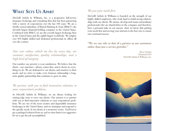 brochure with text quotes and image of handshaking