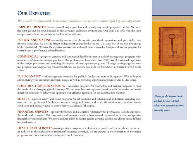 brochure with text bullet points and image of key