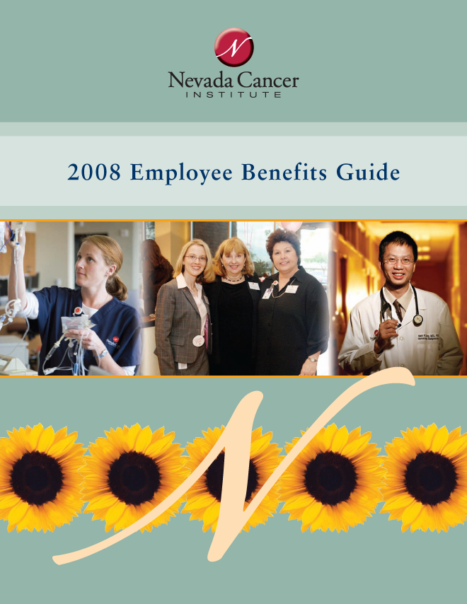 brochure cover showing doctors and nurses smiling, sunflower images