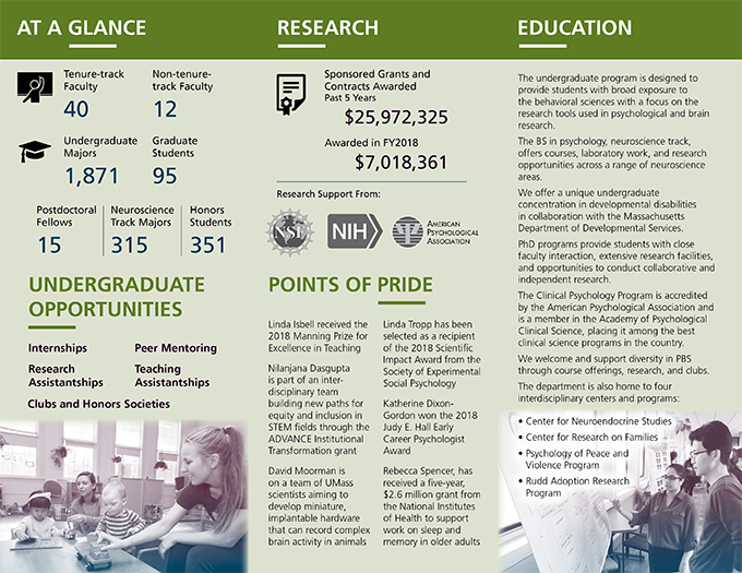 trifold brochure, photos of student playing wih child, student presenting research poster