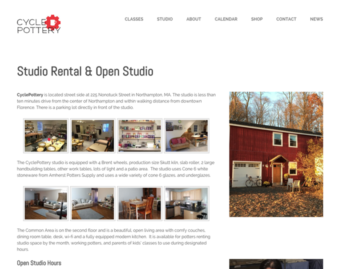 webpage layout showing photos of pottery studio and equipment