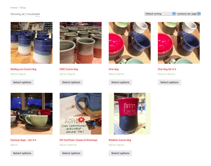 shop page showing various mugs and plates
