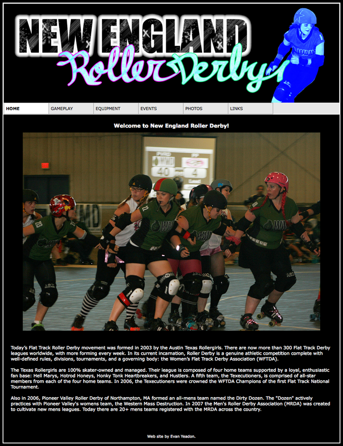 webpage layout with photo of roller derby skaters racing