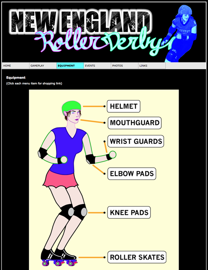 webpage layout with illustration of skater and various protective equipment