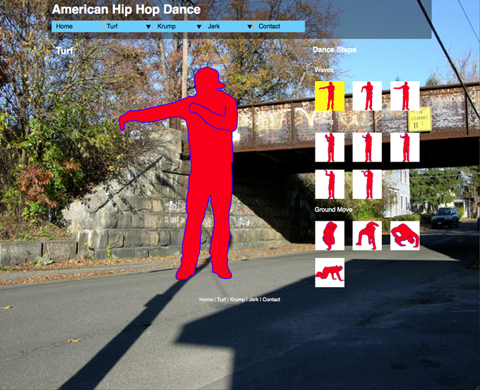 webpage layout with Hip Hop dancer on city street, icons of various dance moves