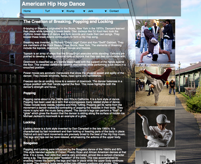 webpage layout with photos of Hip Hop dancers performing various dance moves