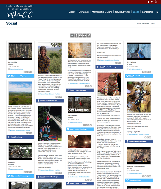 webpage with many social media posts, images of climbers and trails